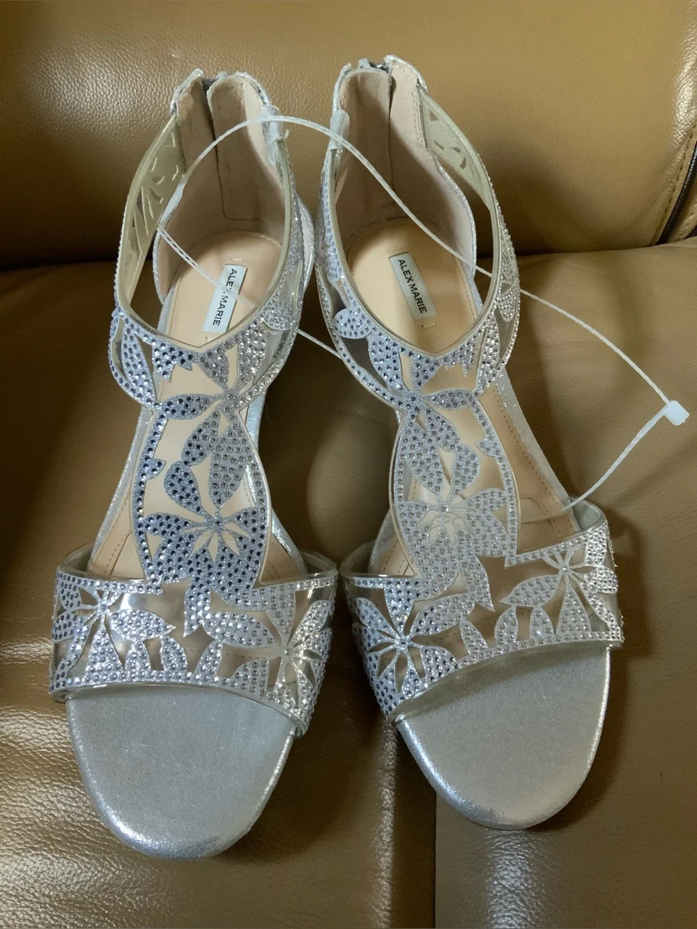 Alex Marie Silver Embellished T-Strap Wedge Sandals